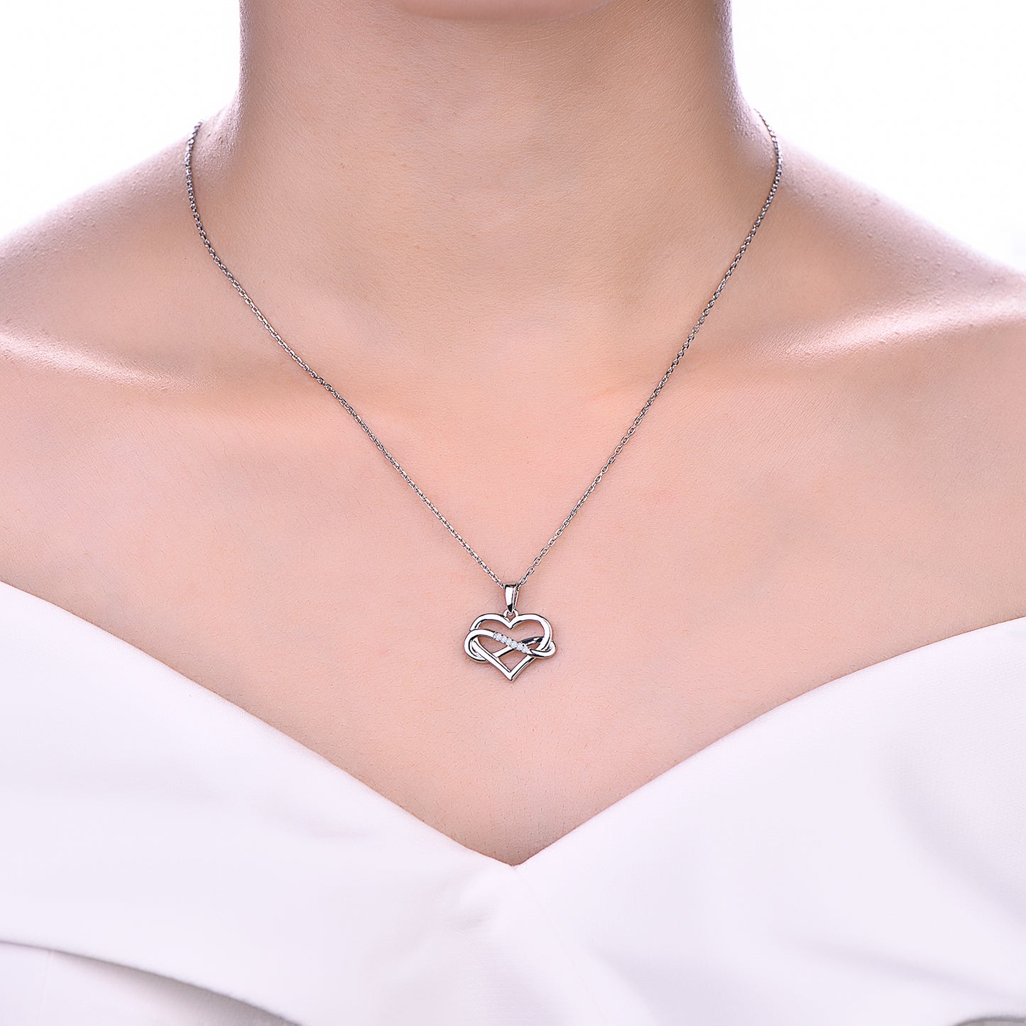 Rhodium-Plated .925 Sterling Infinity Heart Necklace with Diamond Pave