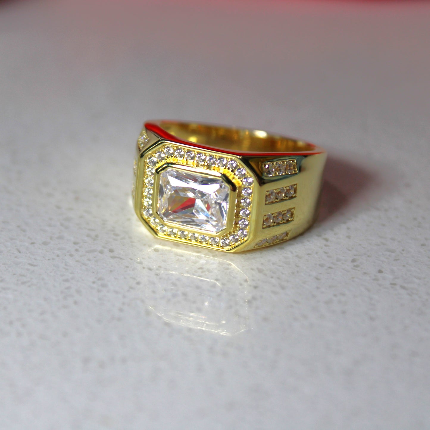 18k Gold-Plated .925 Sterling Silver Mens Emerald Cut lab-created Diamond Ring