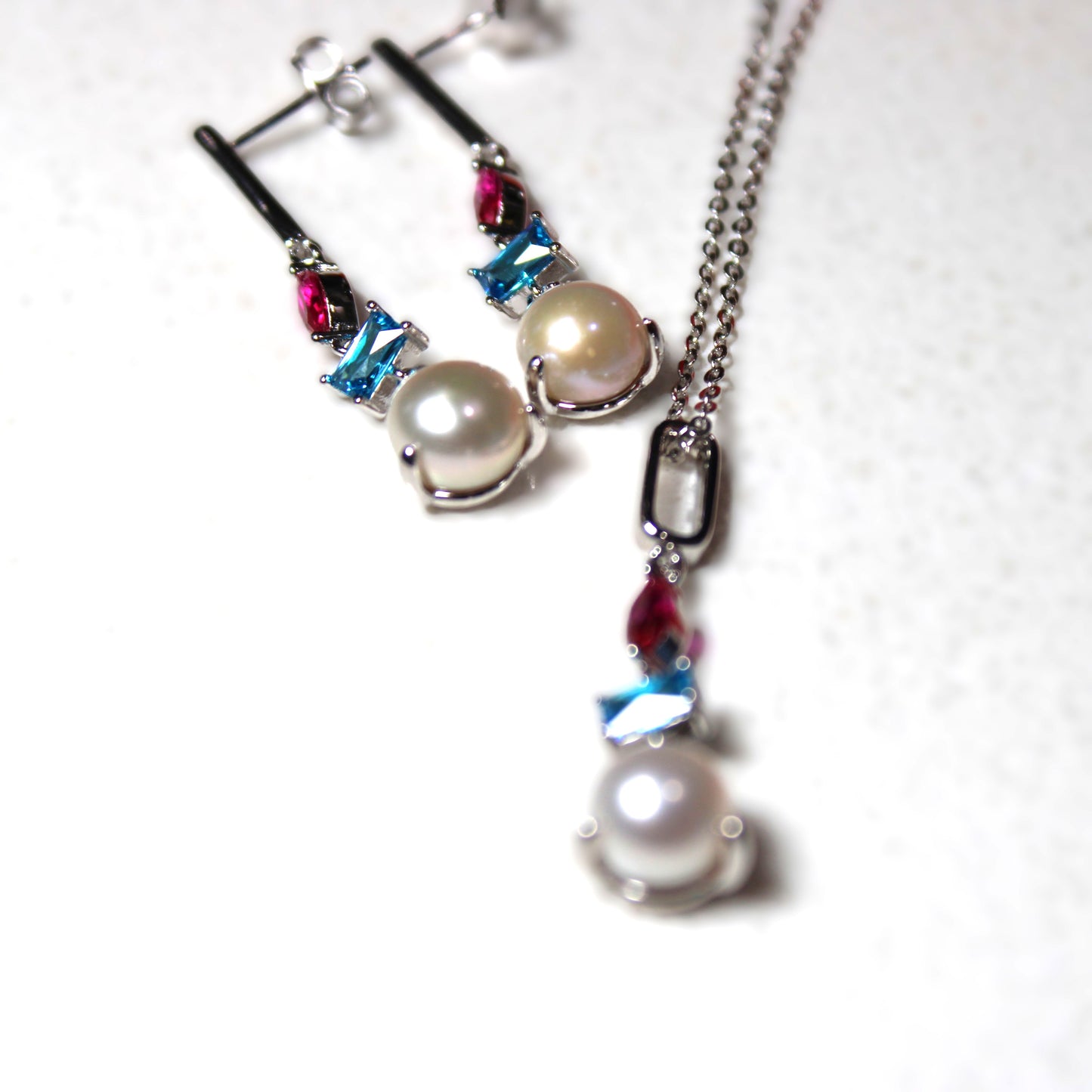 Rhodium-plated .925 Sterling lab-created Pearl and Gemstone Earrings