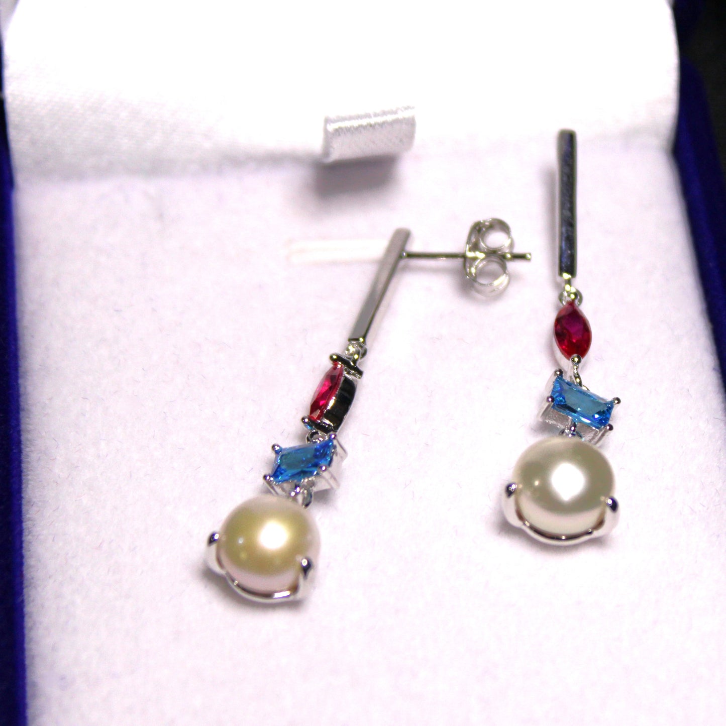 Rhodium-plated .925 Sterling lab-created Pearl and Gemstone Earrings