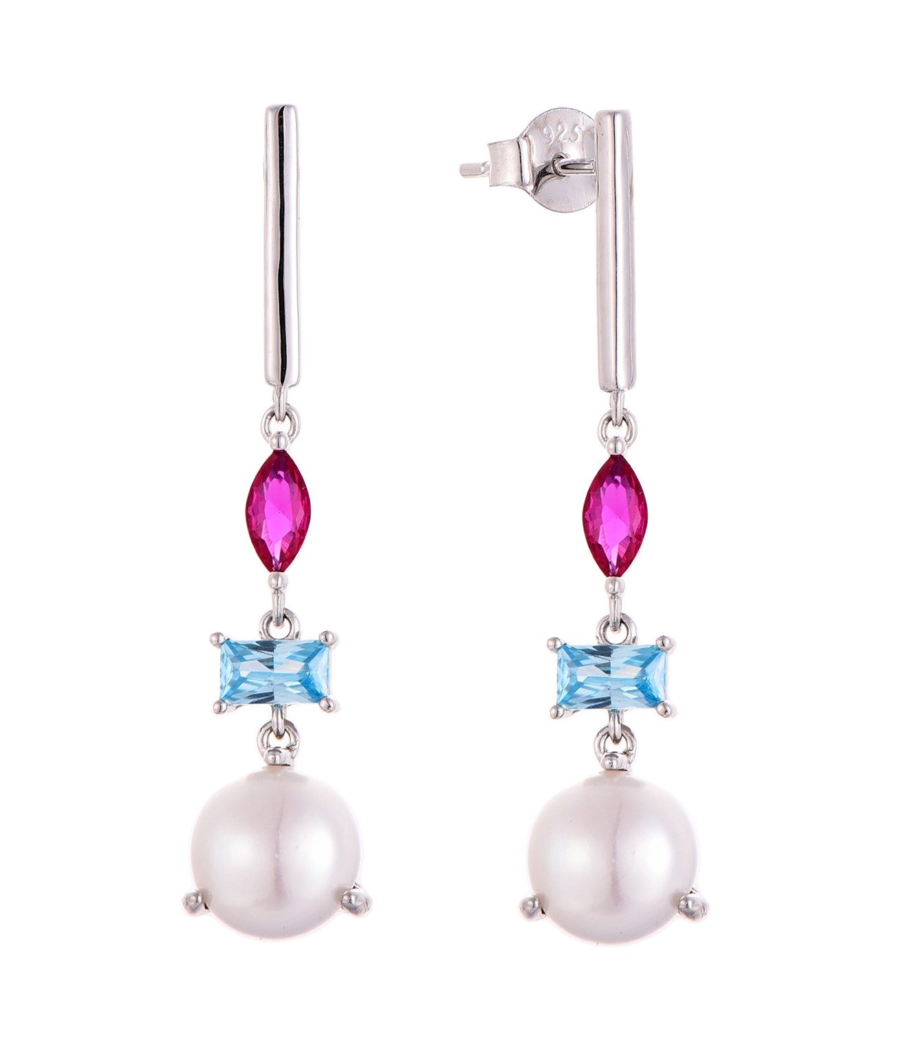 Rhodium-plated .925 Sterling lab-created Pearl and Gemstone Earrings