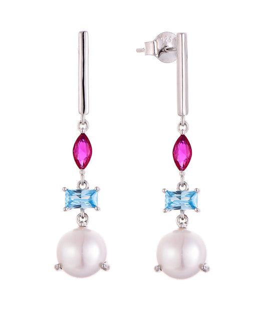 Rhodium-plated .925 Sterling lab-created Pearl and Gemstone Earrings