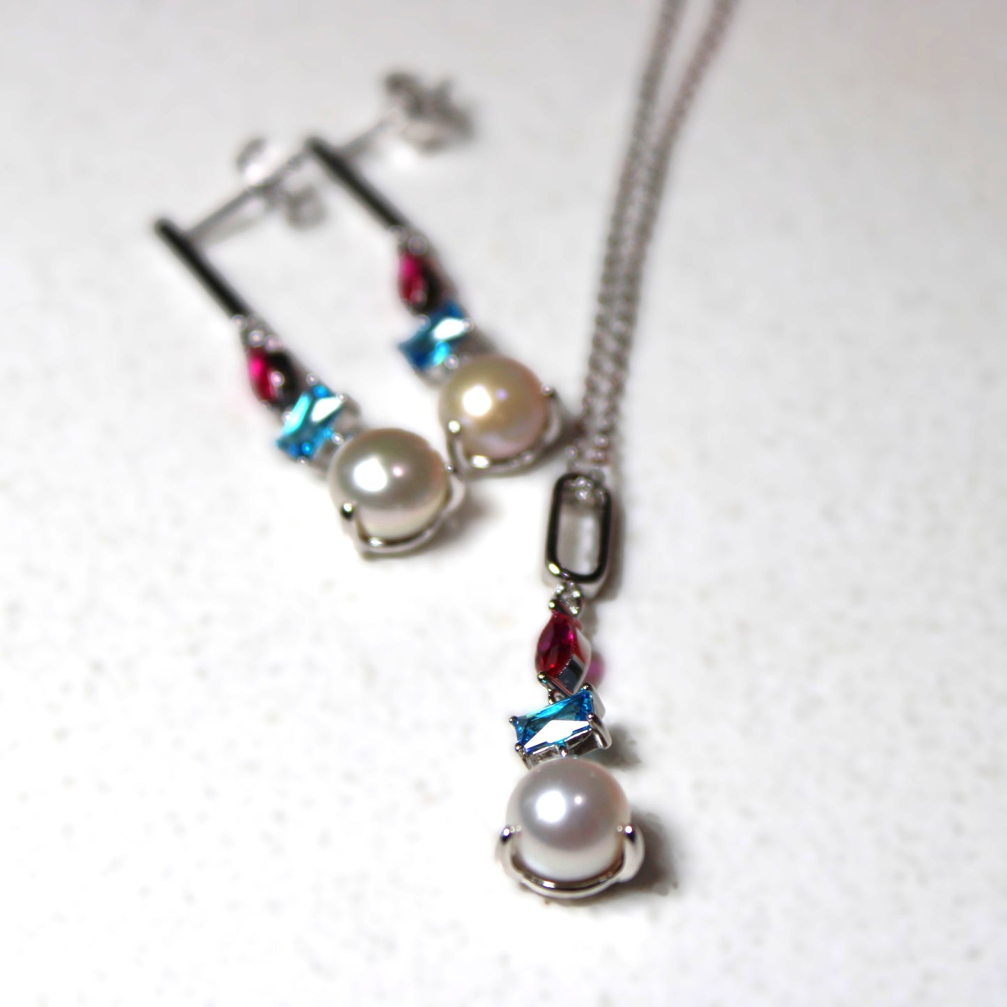 Rhodium-plated .925 Sterling lab-created Pearl and Gemstone Earrings