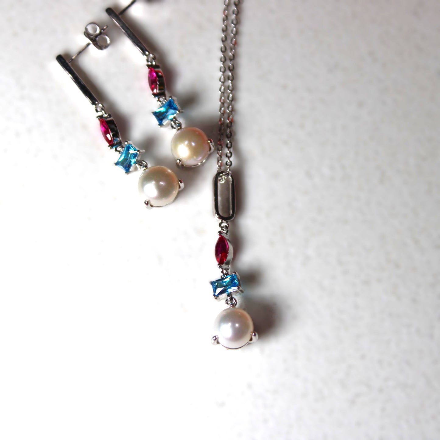 Rhodium-plated .925 Sterling lab-created Pearl and Gemstone Earrings