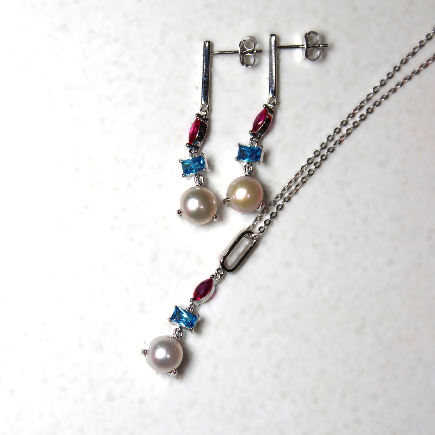 Rhodium-plated .925 Sterling lab-created Pearl and Gemstone Earrings