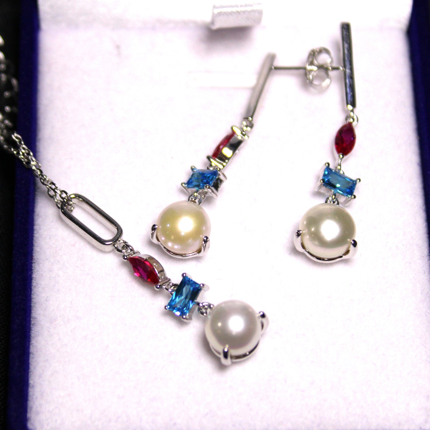 Rhodium-plated .925 Sterling lab-created Pearl and Gemstone Earrings