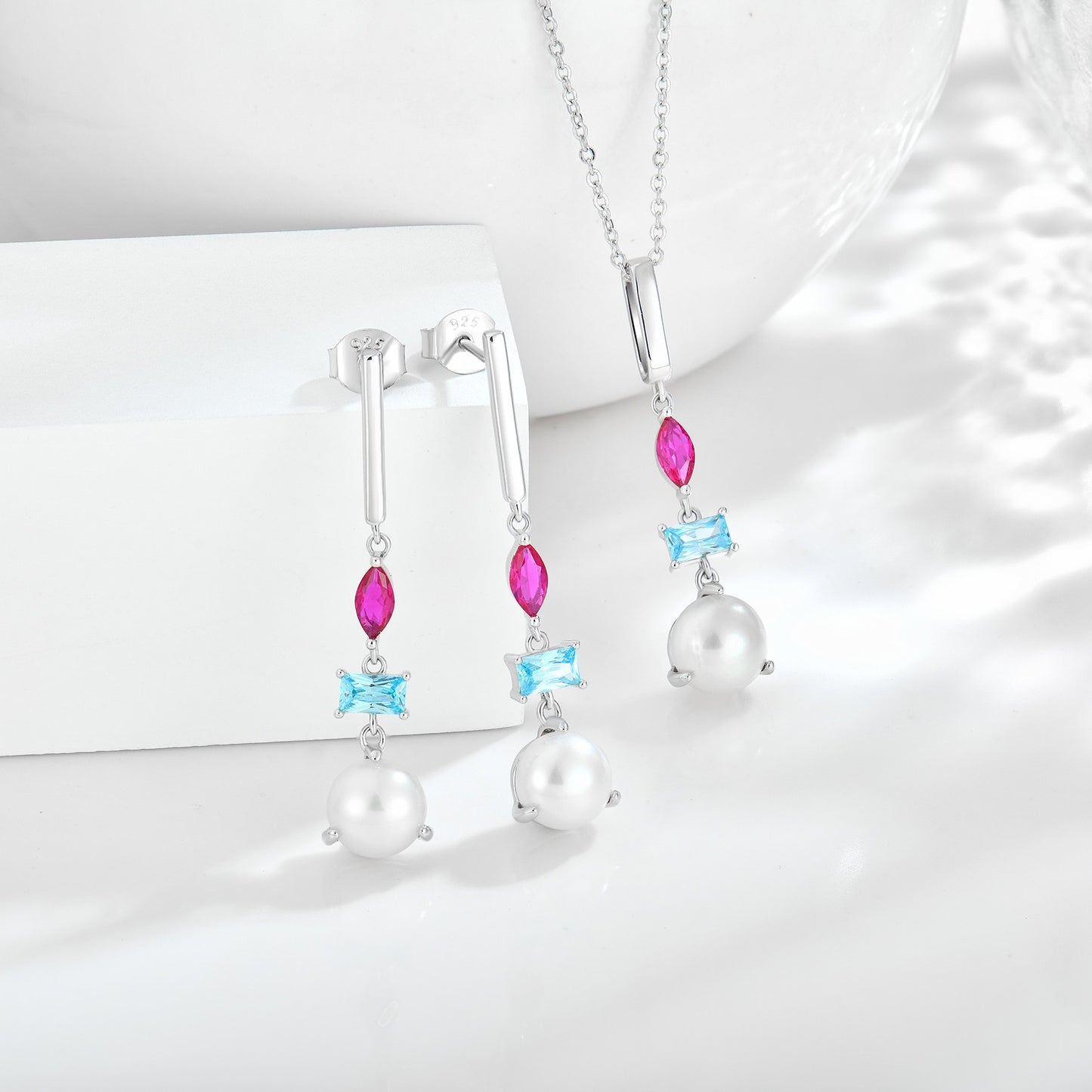 Rhodium-plated .925 Sterling lab-created Pearl and Gemstone Earrings