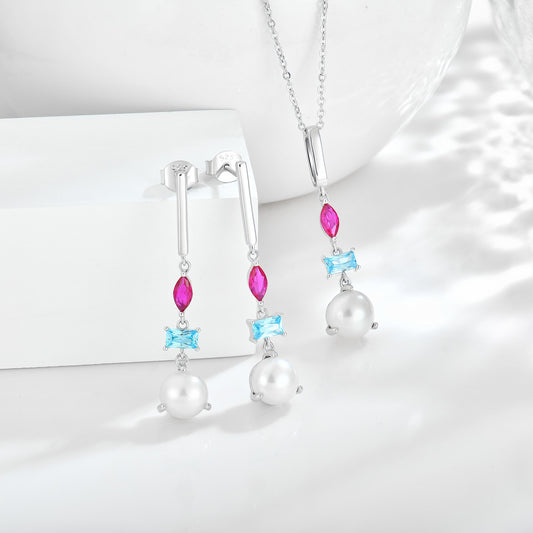 Rhodium-plated .925 Sterling lab-created Pearl and Gemstone Necklace