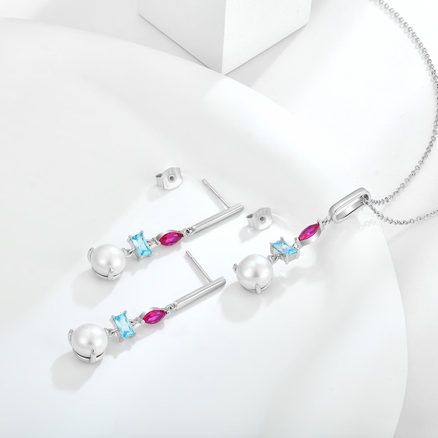 Rhodium-plated .925 Sterling lab-created Pearl and Gemstone Earrings