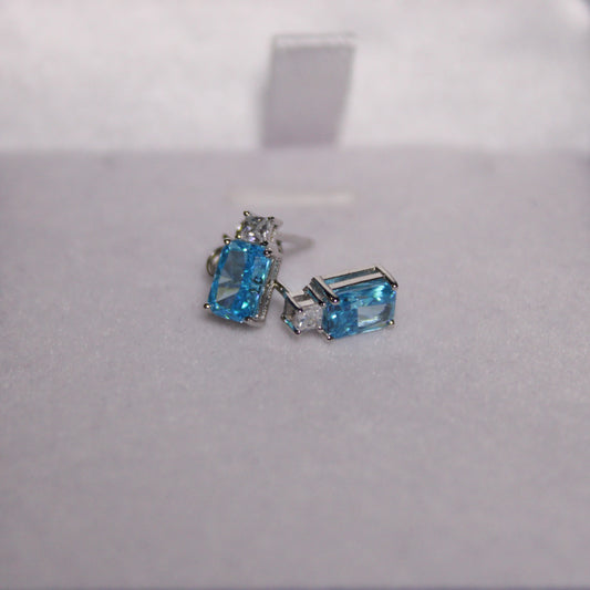Rhodium-plated .925 Sterling lab-created Emerald Cut Aquamarine Earrings