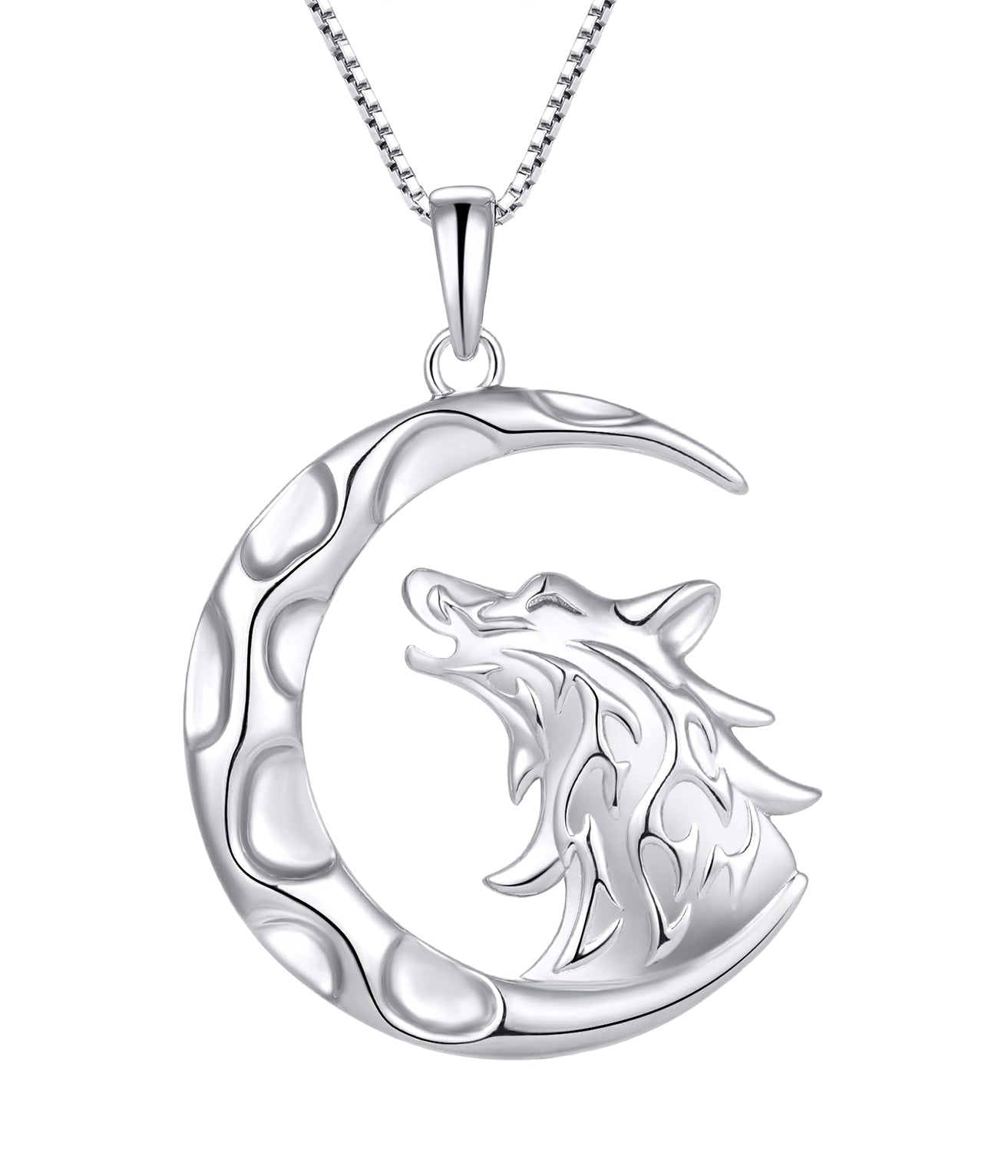 Rhodium-plated .925 Sterling Silver Wolf and Moon Necklace