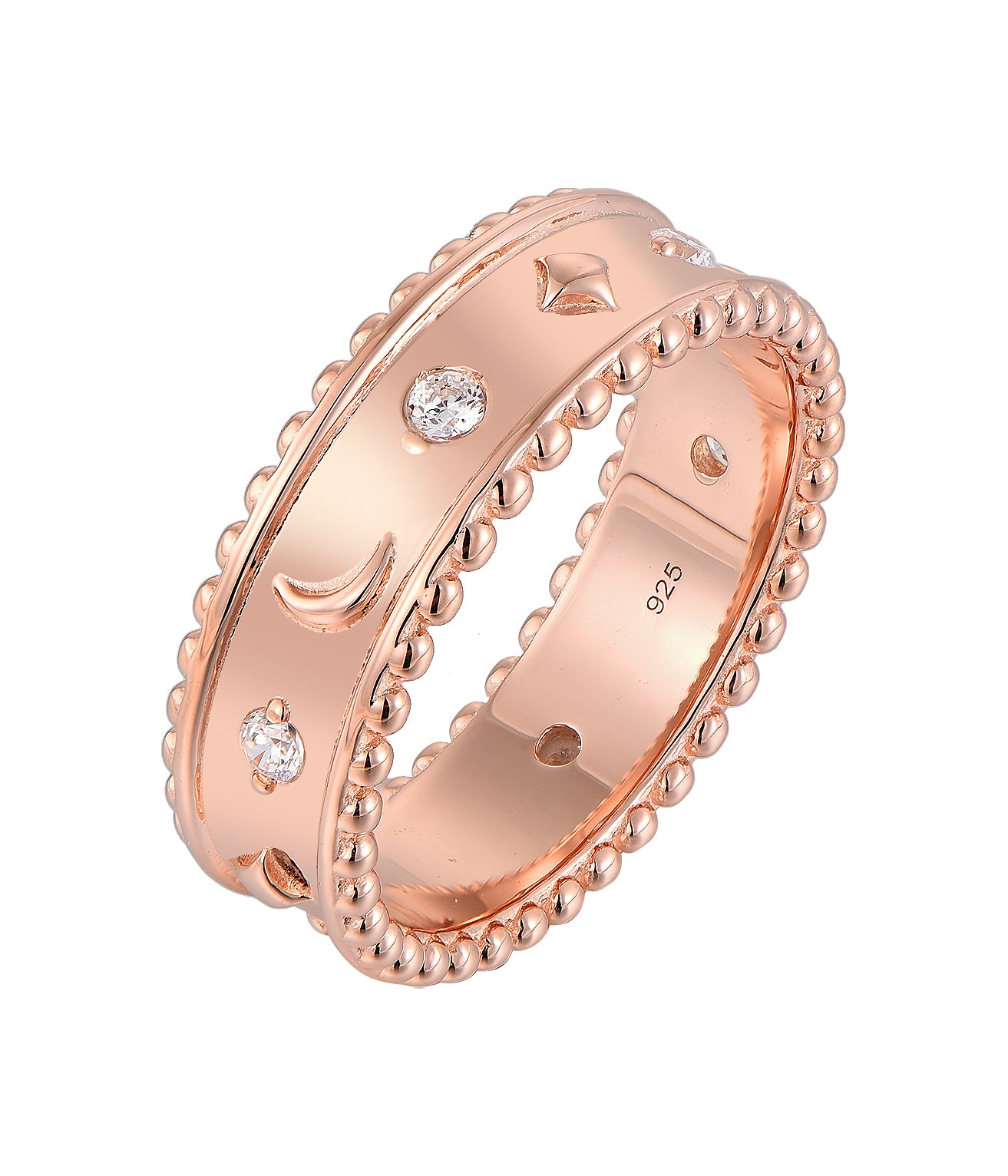 Rose Gold-plated .925 Sterling Moon and Star Band Ring with lab-created Diamond Accents