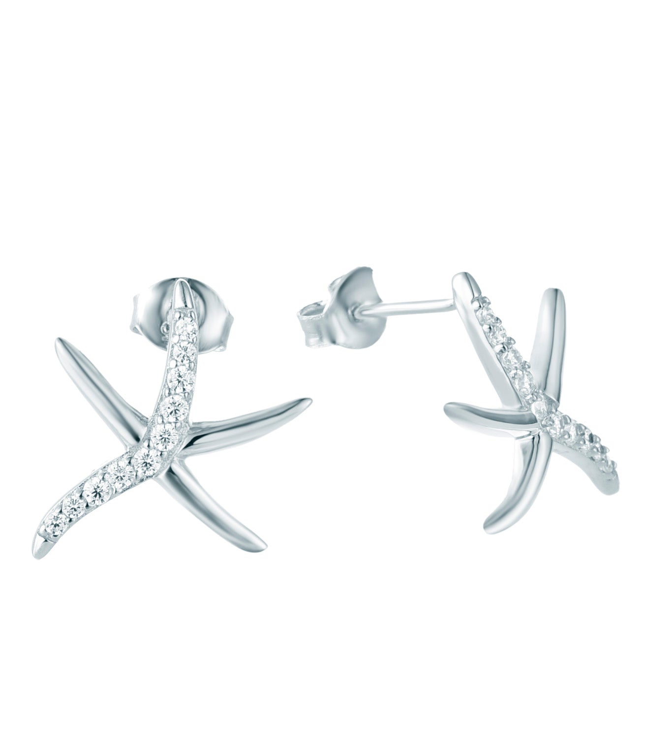 Rhodium-plated .925 Sterling Starfish Earrings with lab-created Diamond Pave