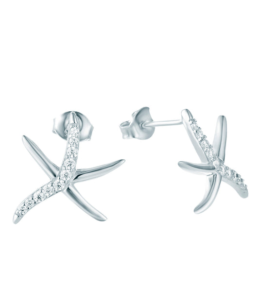 Rhodium-plated .925 Sterling Starfish Earrings with lab-created Diamond Pave