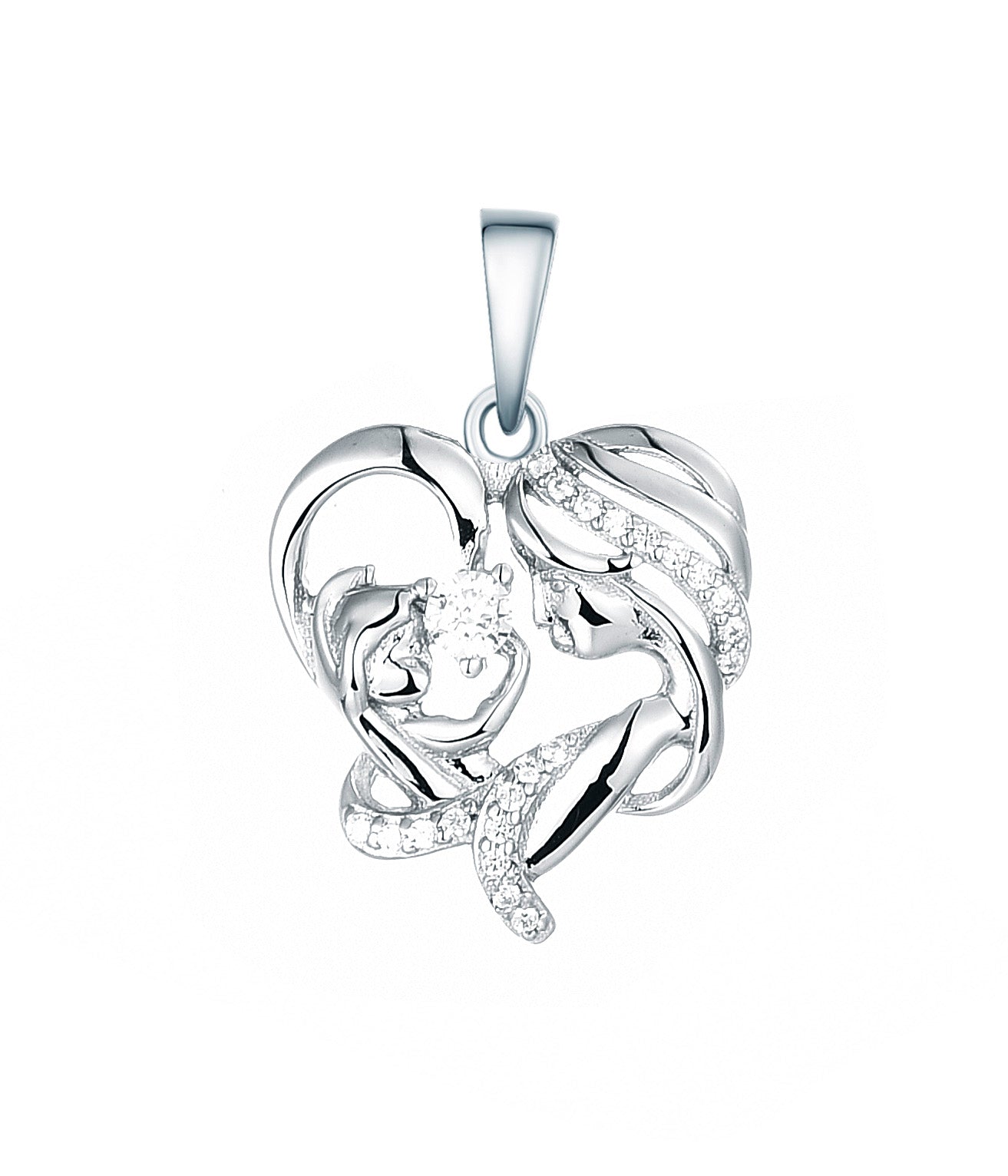 Rhodium-plated .925 Sterling Mother and Child Heart Necklace