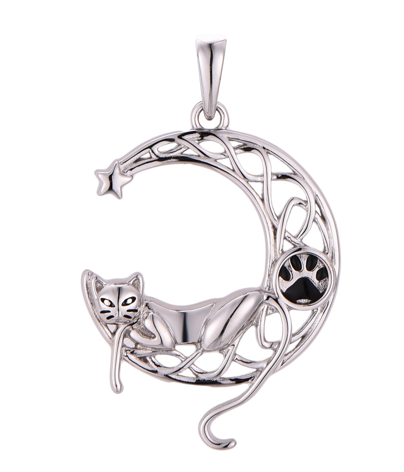 Rhodium-plated .925 Sterling Cat on a Crescent Moon Necklace