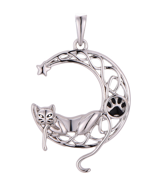 Rhodium-plated .925 Sterling Cat on a Crescent Moon Necklace