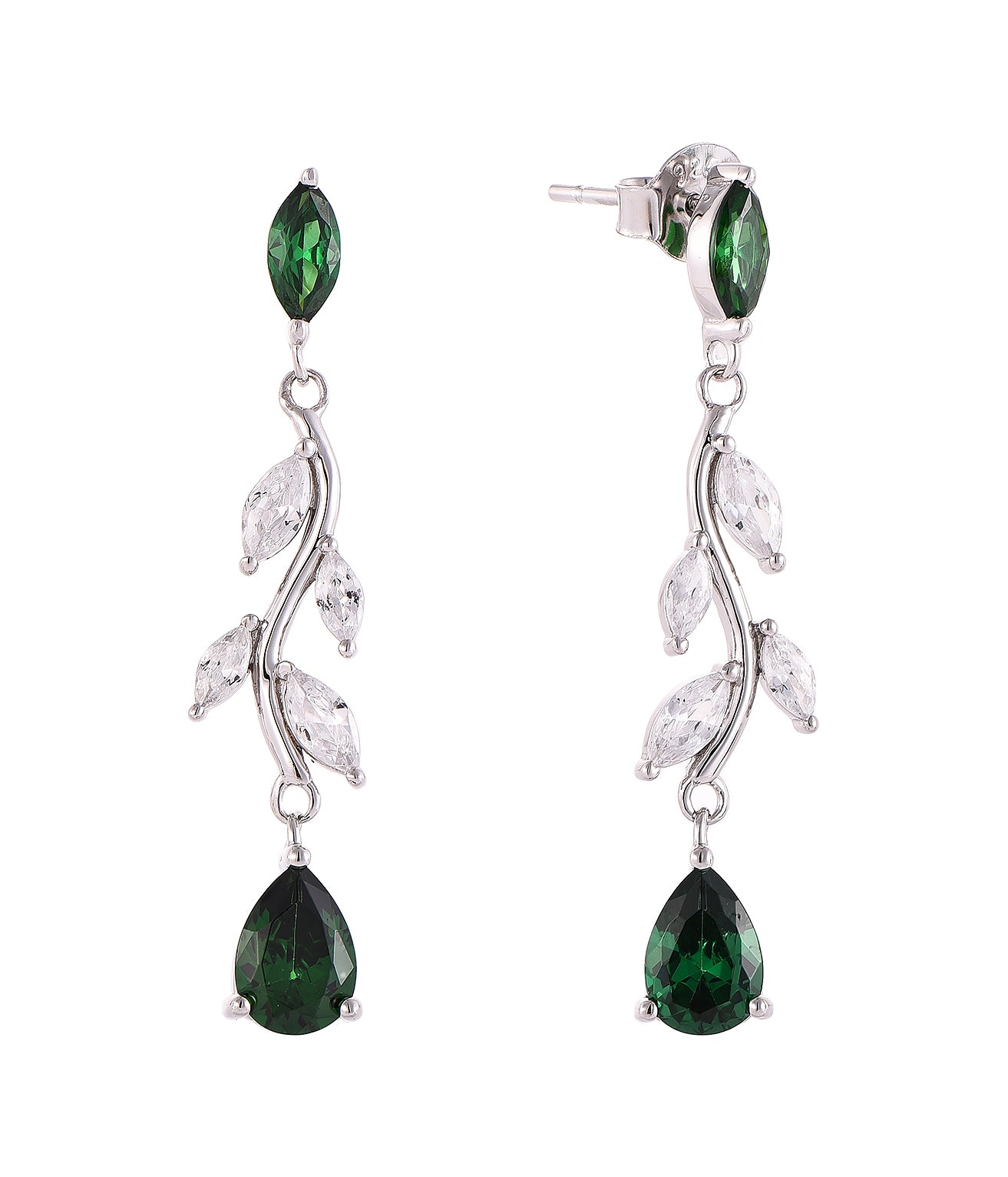 Rhodium-plated .925 Sterling lab-created Emerald and Diamond Vine Earrings