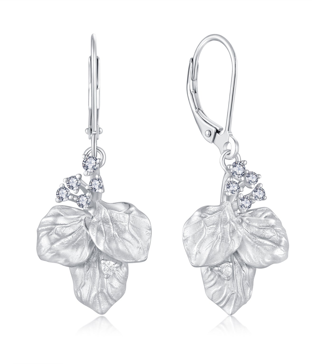 Rhodium-plated .925 Sterling Flower Petal Earrings with lab-created Diamond Accent