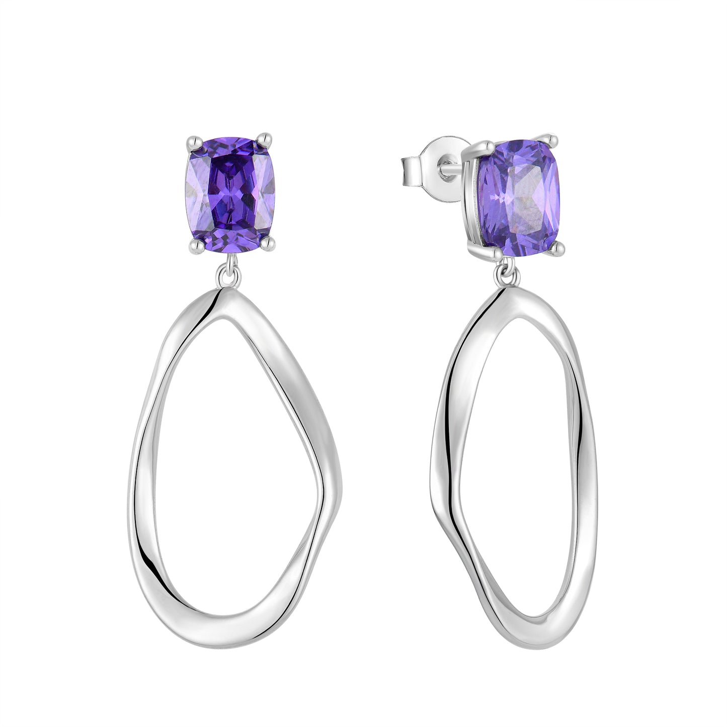 Rhodium-plated .925 Sterling lab-created Cubic Zirconia Amethyst Loop Earrings