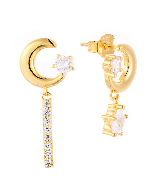 Rhodium-plated .925 Sterling lab-created Emerald Crescent Moon and Star Earrings