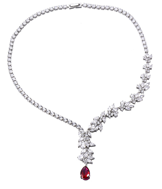Theresa: Rhodium-plated .925 Sterling Marquise Diamond with teardrop Ruby Necklace