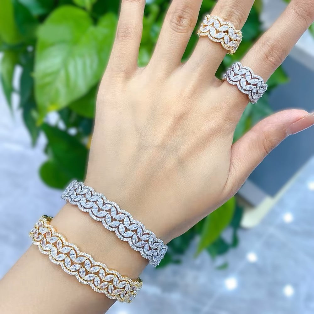 Rhodium or Gold-plated lab-created Marquise Diamond Cuff Bracelet and Band Ring **Choice**