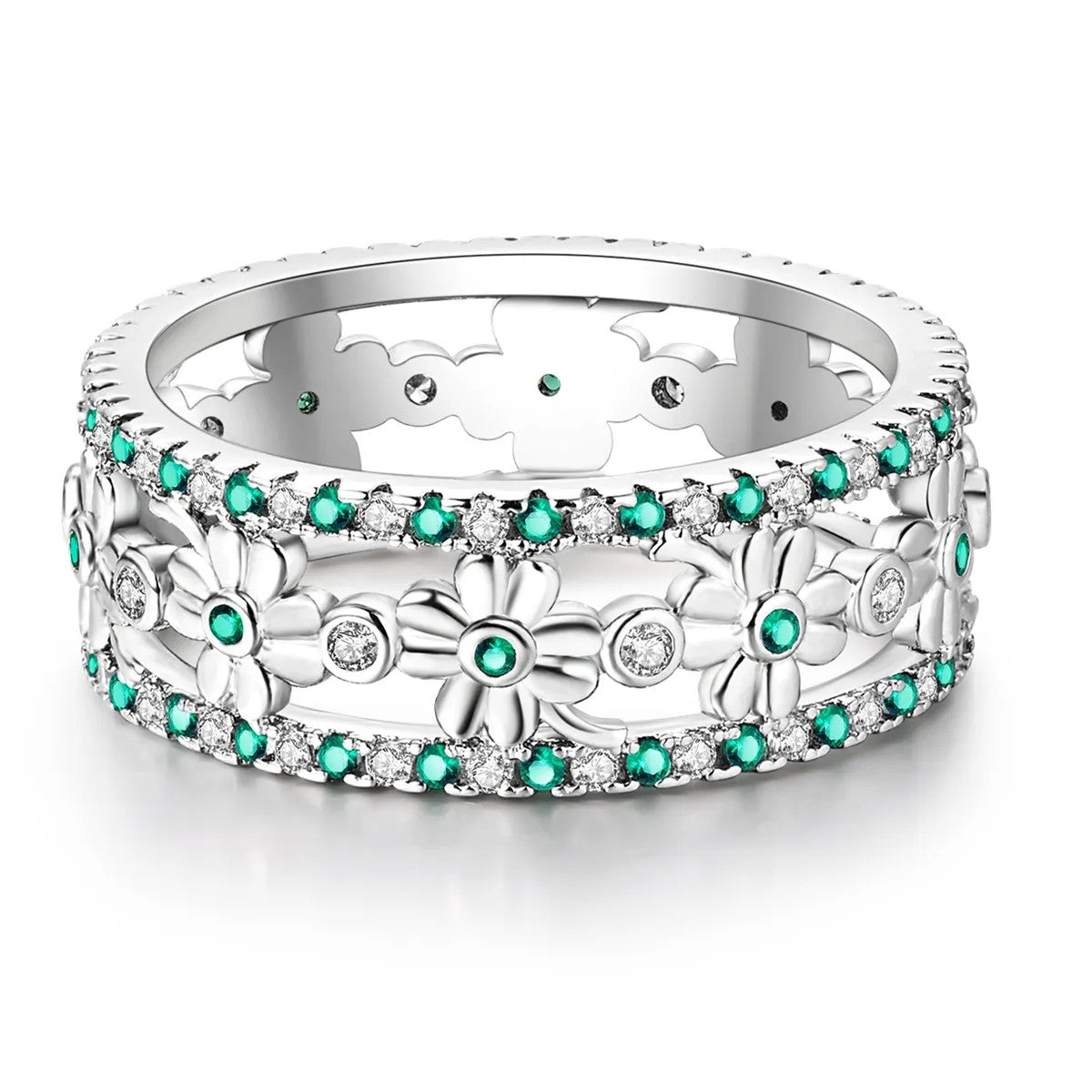 Silver-plated Green and Clear Crystal Clover Band Ring