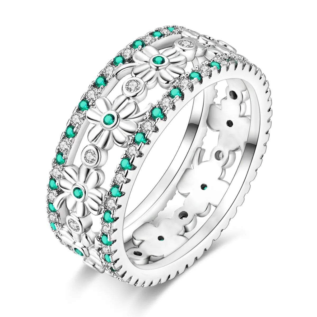 Silver-plated Green and Clear Crystal Clover Band Ring