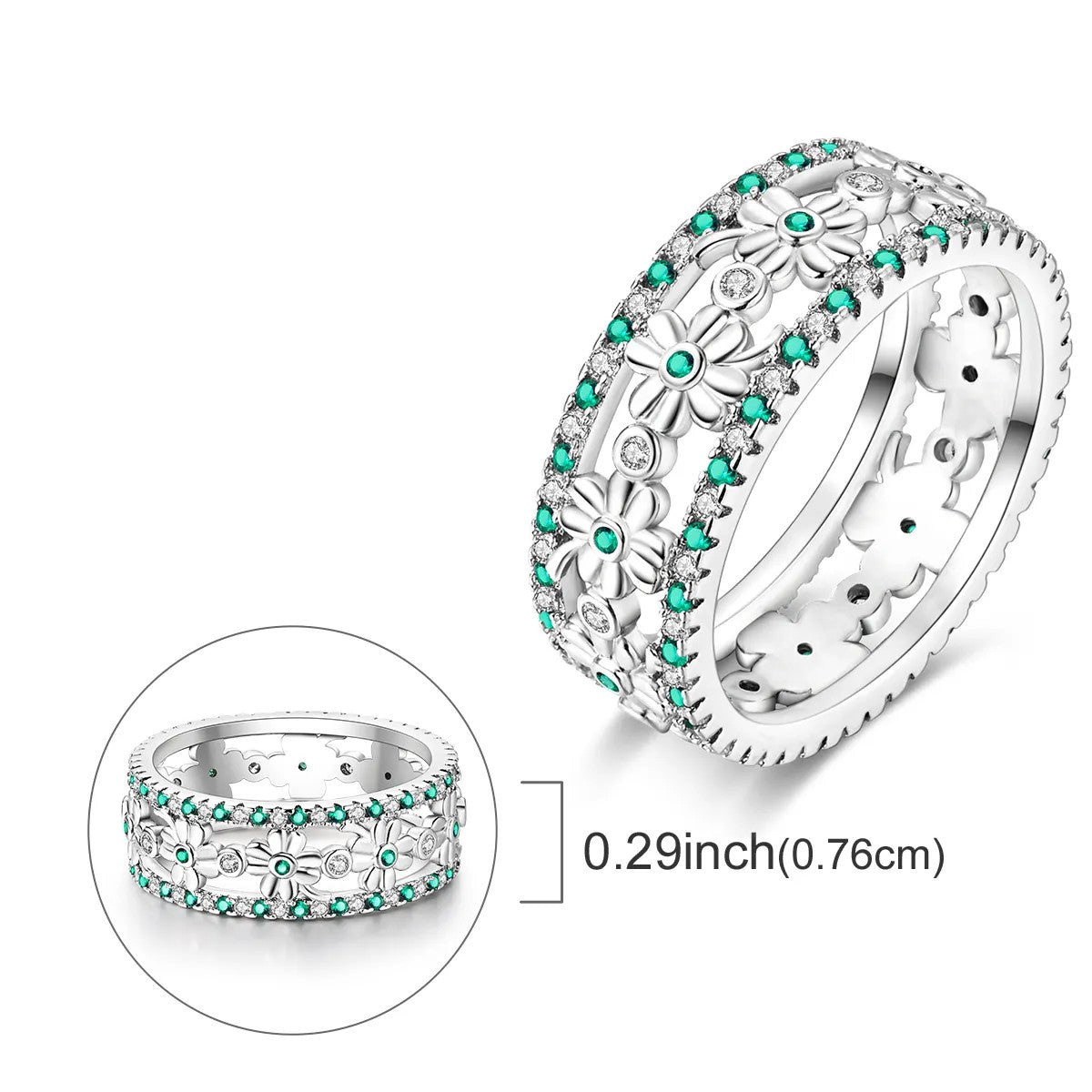 Silver-plated Green and Clear Crystal Clover Band Ring