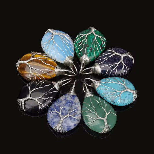 Tree of Life Silver Wire Wrapped Stone Charm Necklace