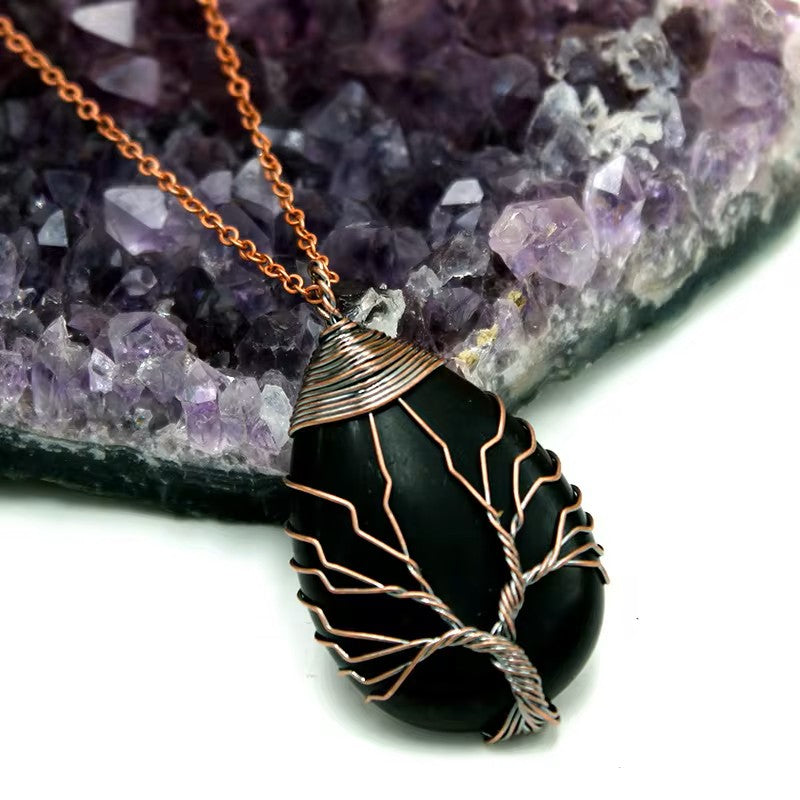 Tree of Life Copper Wire Wrapped Stone Charm Necklace