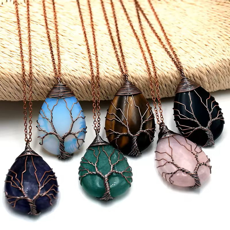 Tree of Life Copper Wire Wrapped Stone Charm Necklace