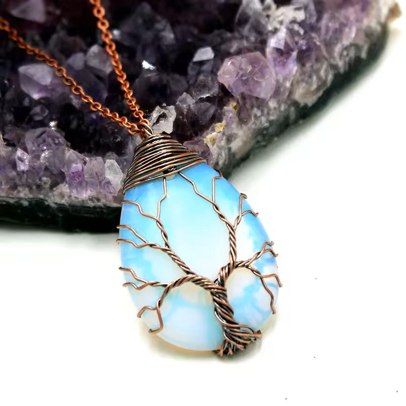 Tree of Life Copper Wire Wrapped Stone Charm Necklace