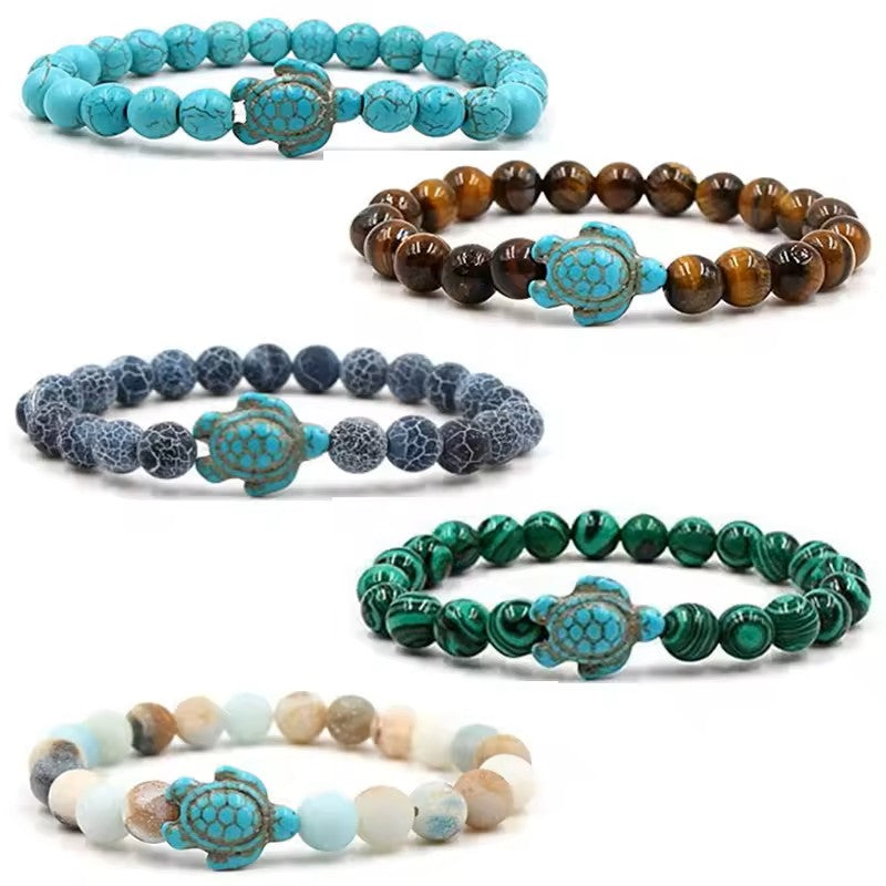 Natural Stone Beaded Bracelet with Sea Turtle Charm
