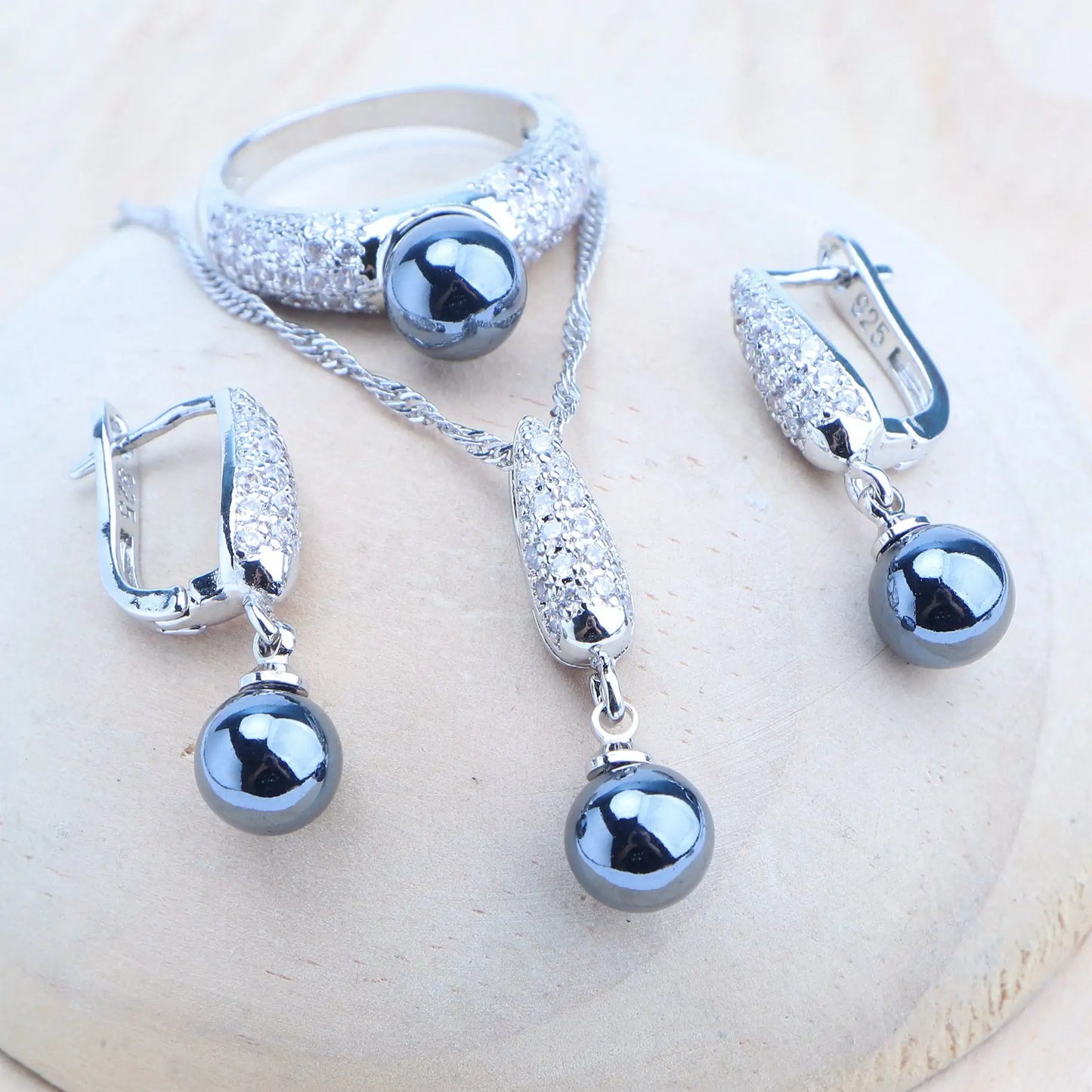 Platinum-plated .925 Sterling cultured Blue Pearl Four Piece Set (Necklace, earrings, bracelet and ring)