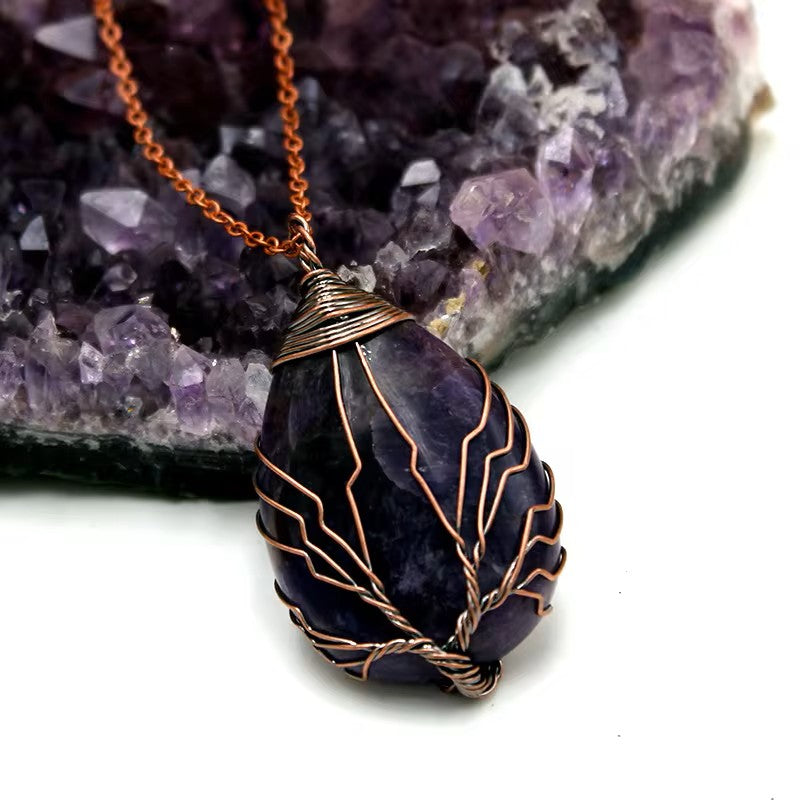 Tree of Life Copper Wire Wrapped Stone Charm Necklace