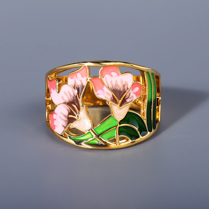 18k Gold-plated Enameled Floral Open Band Ring
