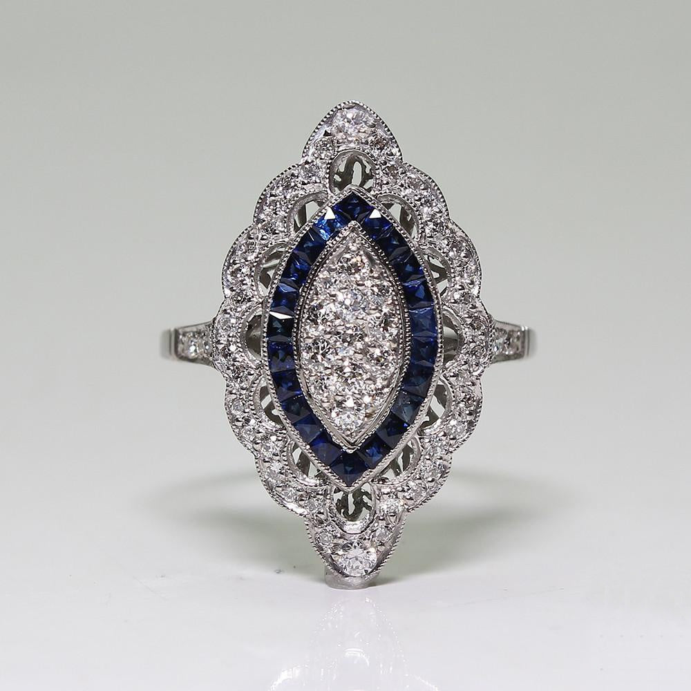 Platinum-plated Cubic Zirconia (sapphire blue and clear) Retro Dinner Ring