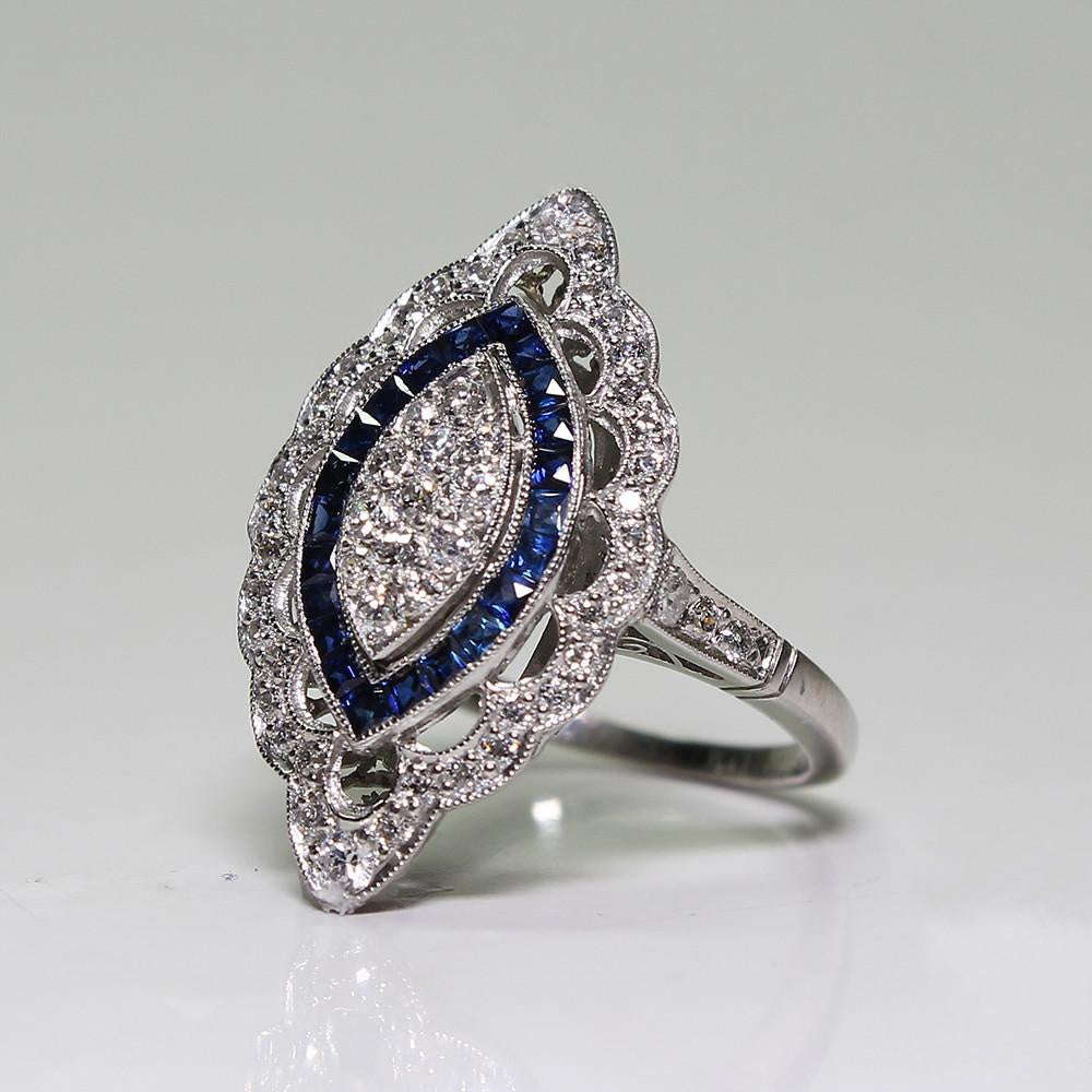 Platinum-plated Cubic Zirconia (sapphire blue and clear) Retro Dinner Ring
