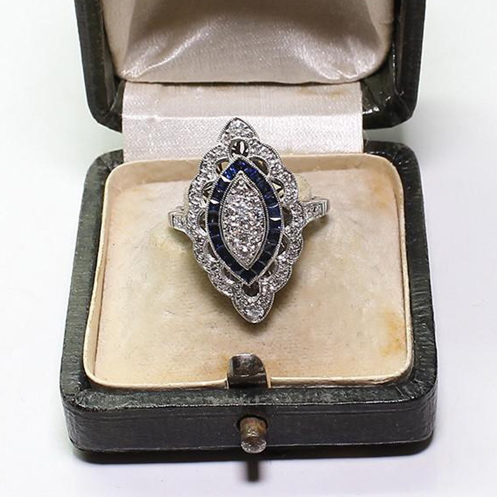 Platinum-plated Cubic Zirconia (sapphire blue and clear) Retro Dinner Ring