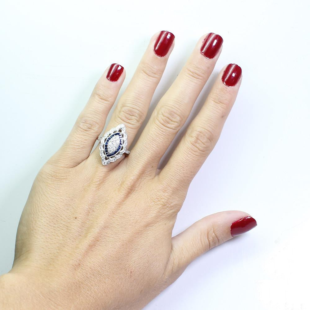 Platinum-plated Cubic Zirconia (sapphire blue and clear) Retro Dinner Ring