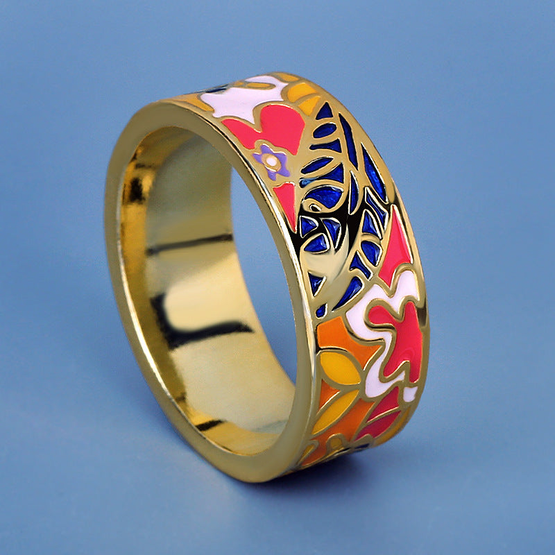 18k Gold-plated Enameled Solid Floral Band Ring