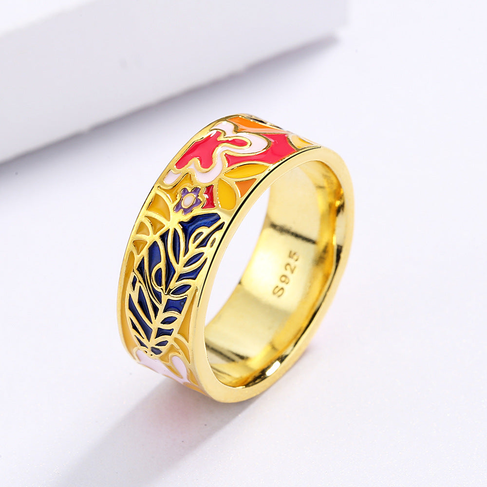 18k Gold-plated Enameled Solid Floral Band Ring