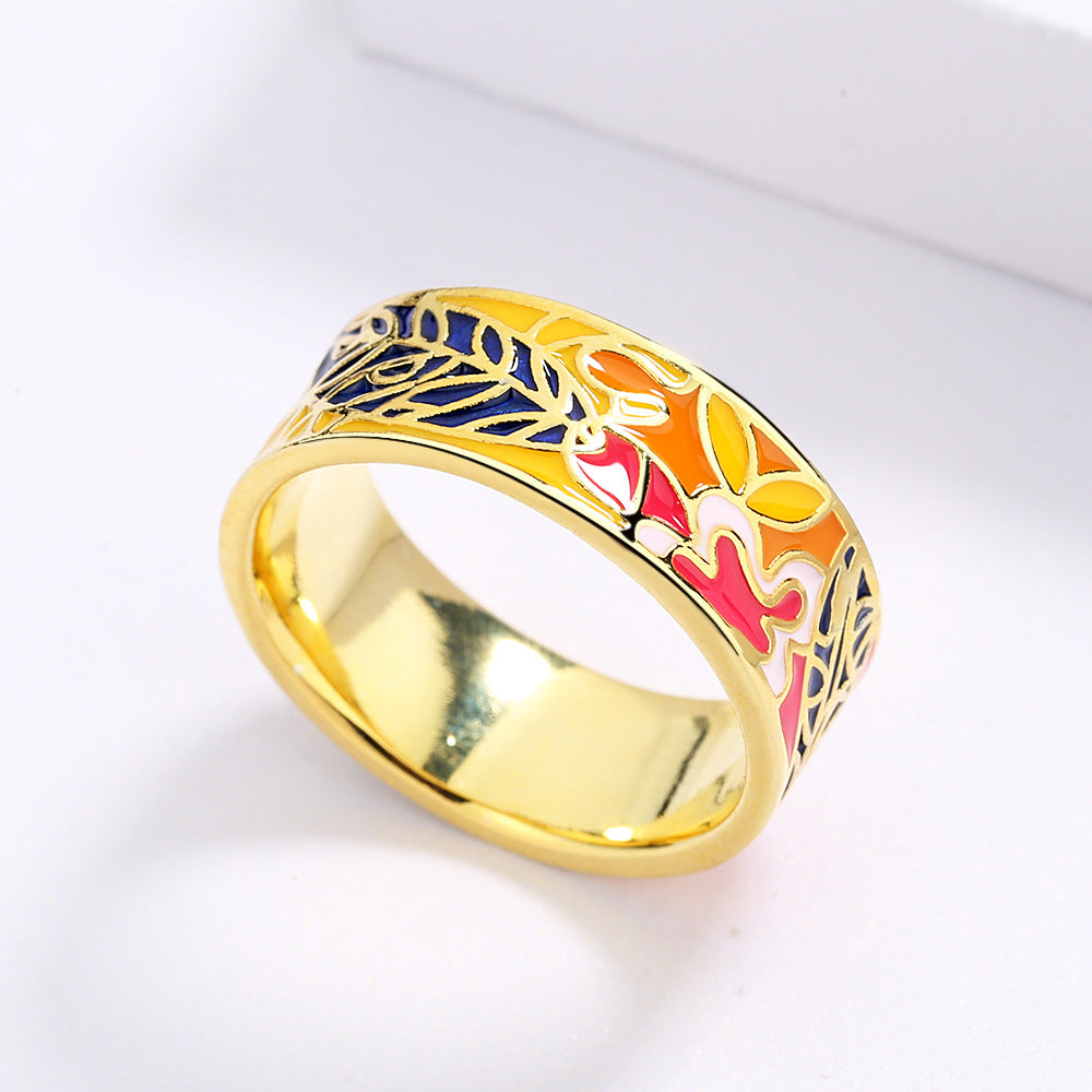 18k Gold-plated Enameled Solid Floral Band Ring