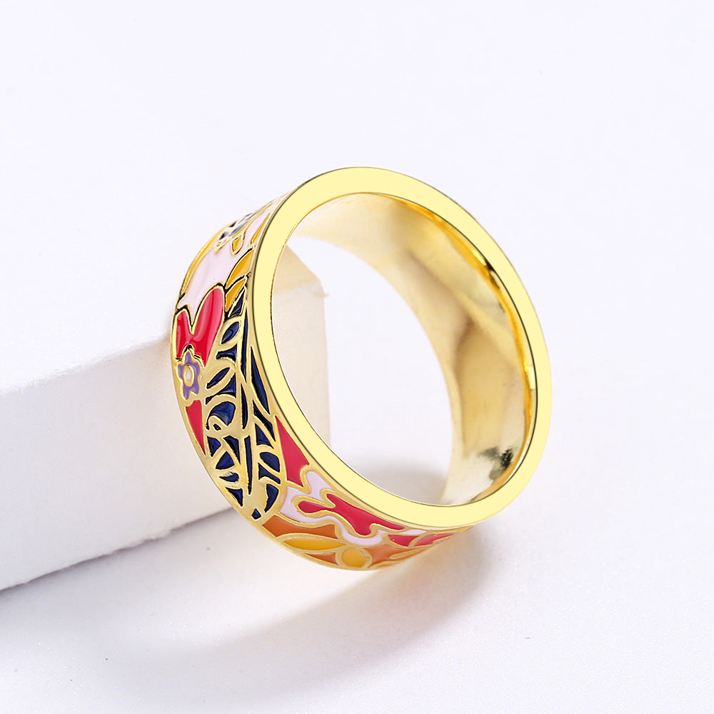 18k Gold-plated Enameled Solid Floral Band Ring