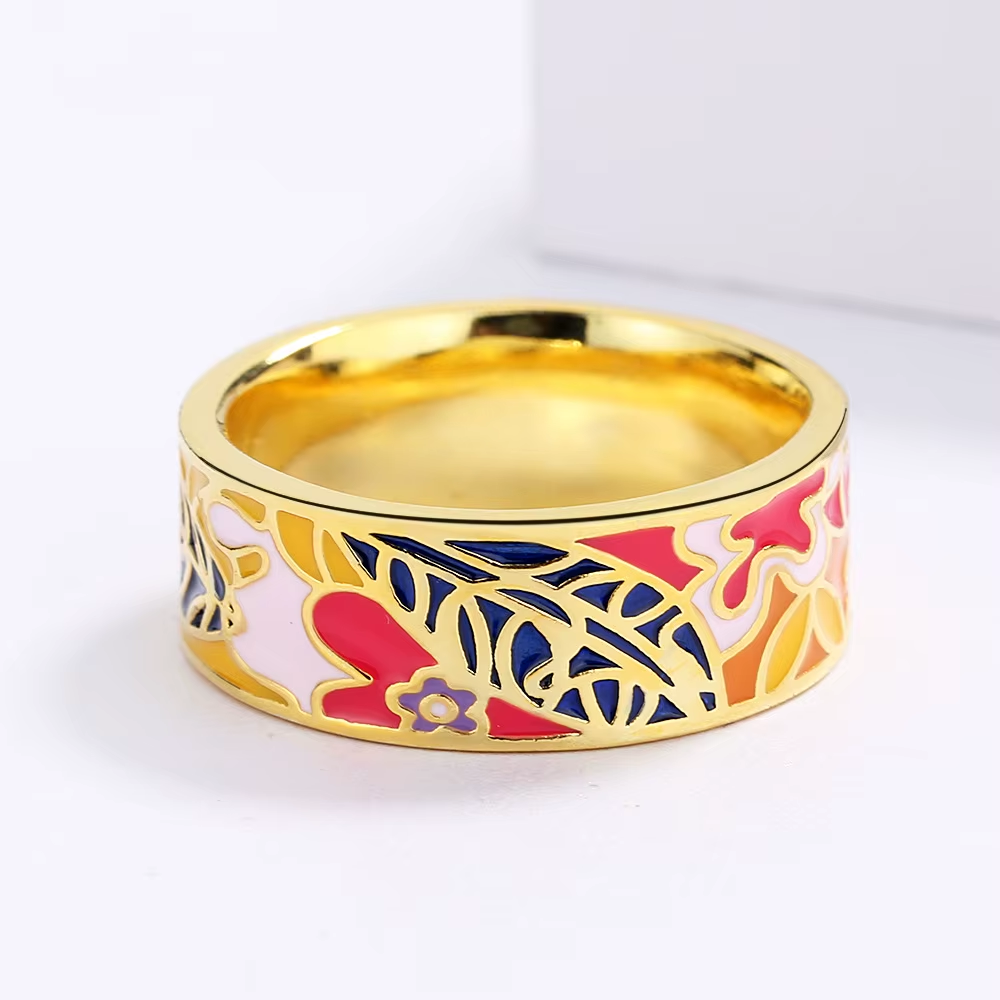 18k Gold-plated Enameled Solid Floral Band Ring