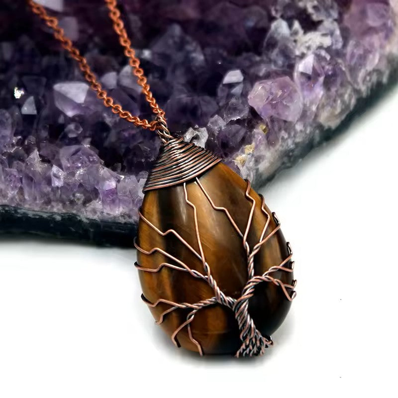 Tree of Life Copper Wire Wrapped Stone Charm Necklace