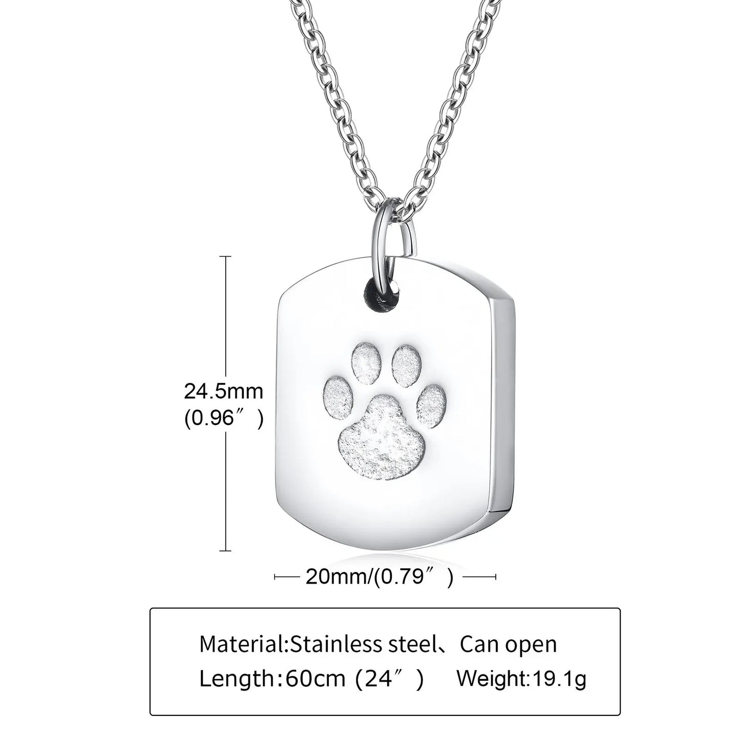 Stainless Steel Pawprint Necklace Urn in Black or Silver