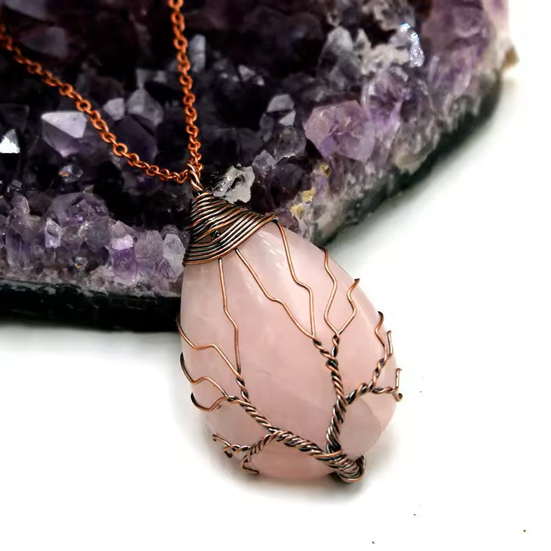 Tree of Life Copper Wire Wrapped Stone Charm Necklace